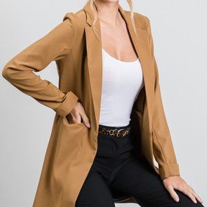 Tan Buttonless Long Blazer Jacket